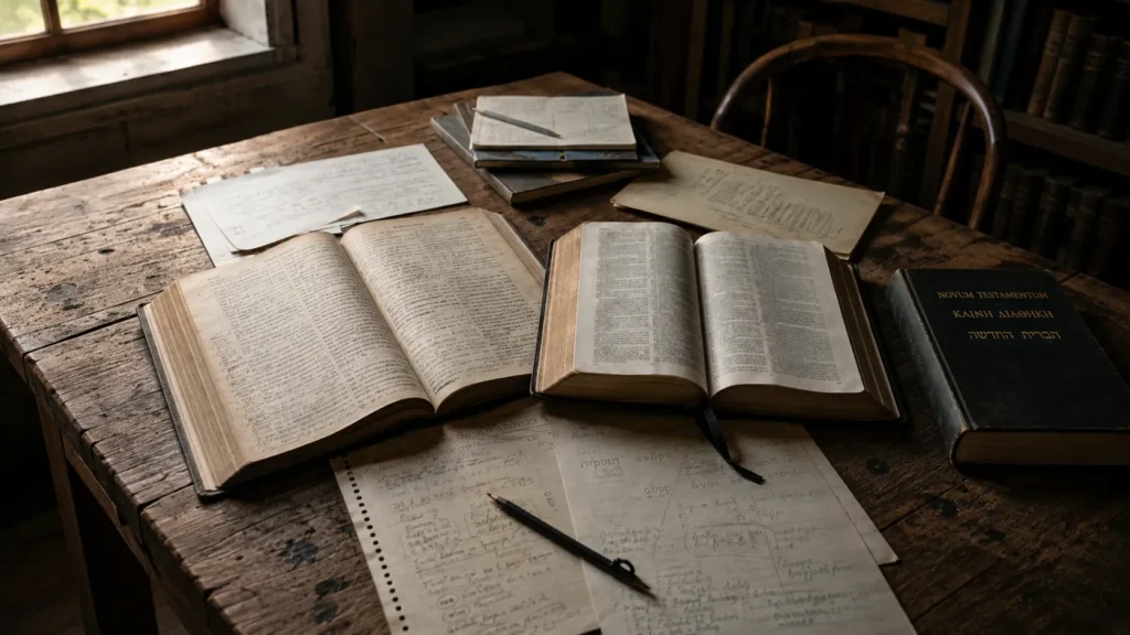 Mesa de estudio rústica con libros abiertos de la Odisea y la Biblia, notas en griego y hebreo y luz natural, imagen editorial sobre insultos homéricos y bíblicos.