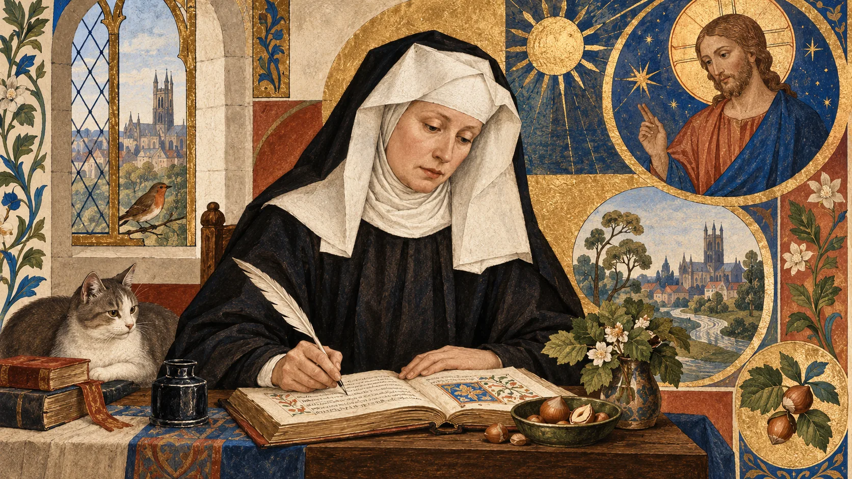 Juliana de Norwich escribiendo junto a un gato y una avellana, ilustración sobre esperanza cristiana y espiritualidad.