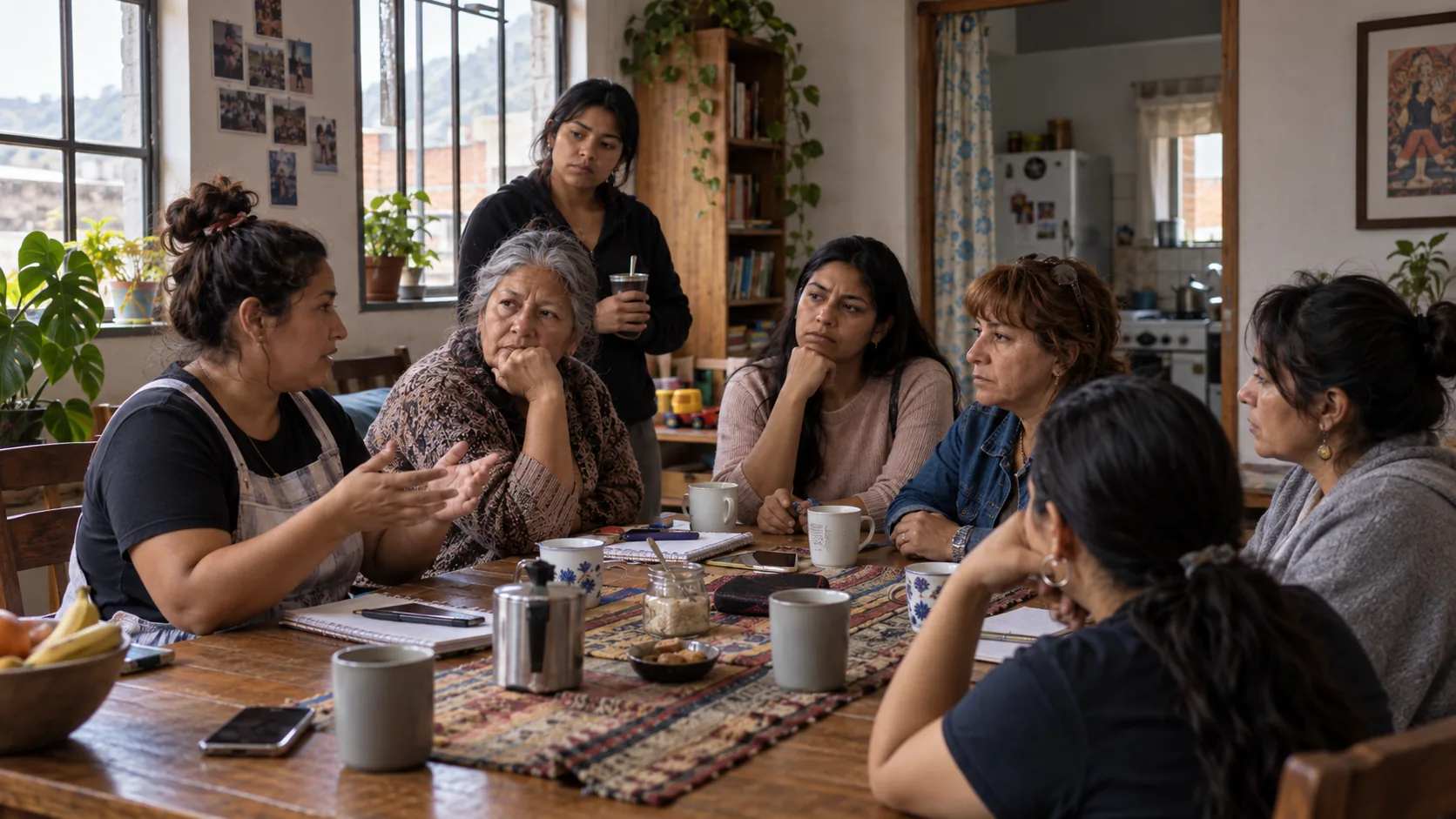 Mujeres latinoamericanas conversan alrededor de una mesa sobre maternidad, religión, política y voto.