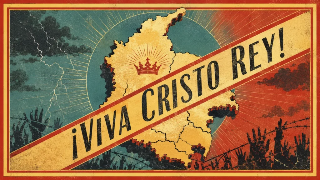 Cartel editorial con el mapa de Colombia y la frase «¡Viva Cristo Rey!», inspirado en propaganda política histórica y la relación entre fe cristiana y poder.