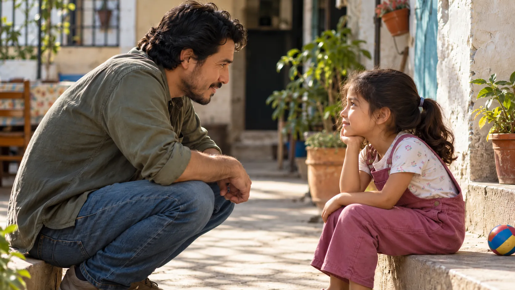 Un adulto agachado conversa a la altura de los ojos con una niña sentada en un patio soleado, ilustrando la teología de la niñez.