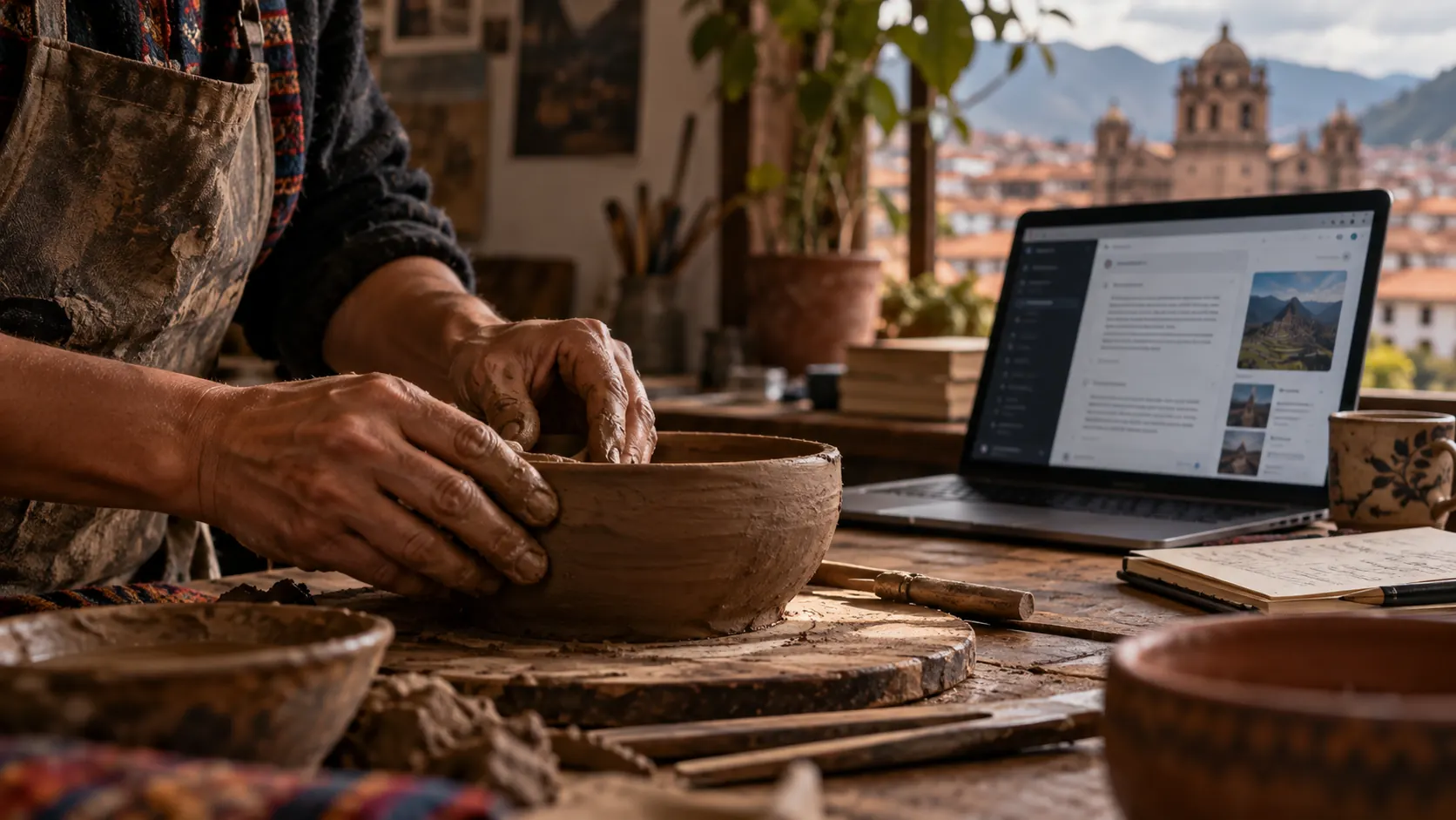 Manos de un artesano moldeando una vasija de barro junto a una computadora, contraste entre inteligencia artesanal e inteligencia artificial.
