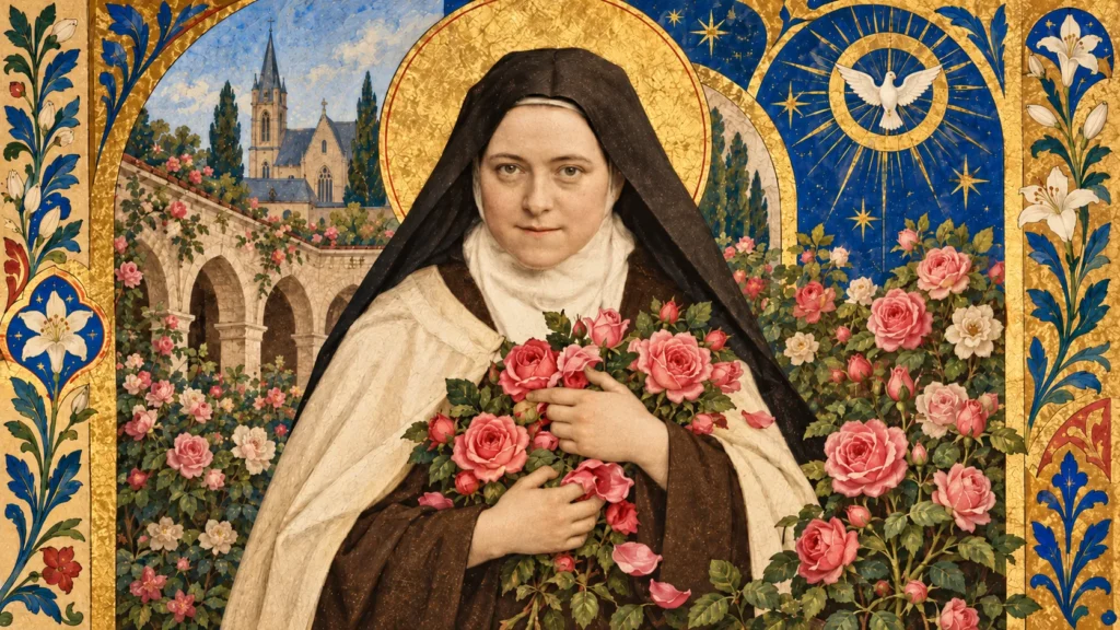 Ilustración de Teresa de Lisieux con hábito carmelita y rosas, rodeada de ornamentación dorada, inspirada en la pequeña vía y la espiritualidad cristiana.