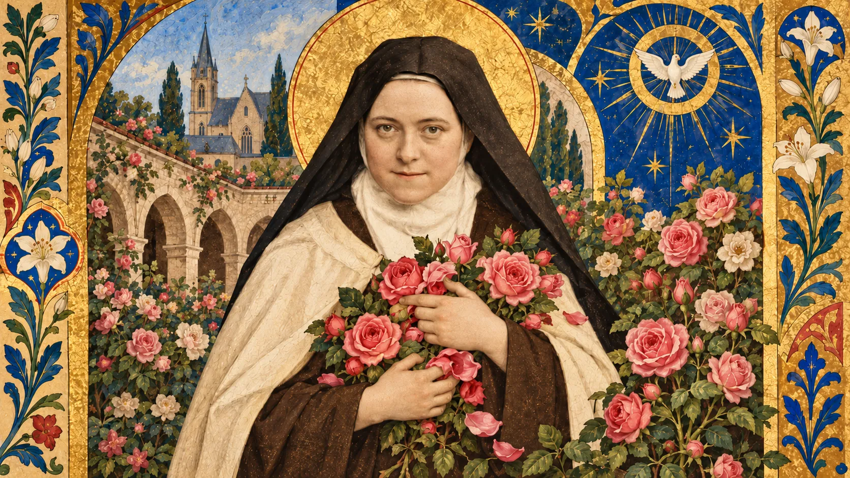 Ilustración de Teresa de Lisieux con hábito carmelita y rosas, rodeada de ornamentación dorada, inspirada en la pequeña vía y la espiritualidad cristiana.